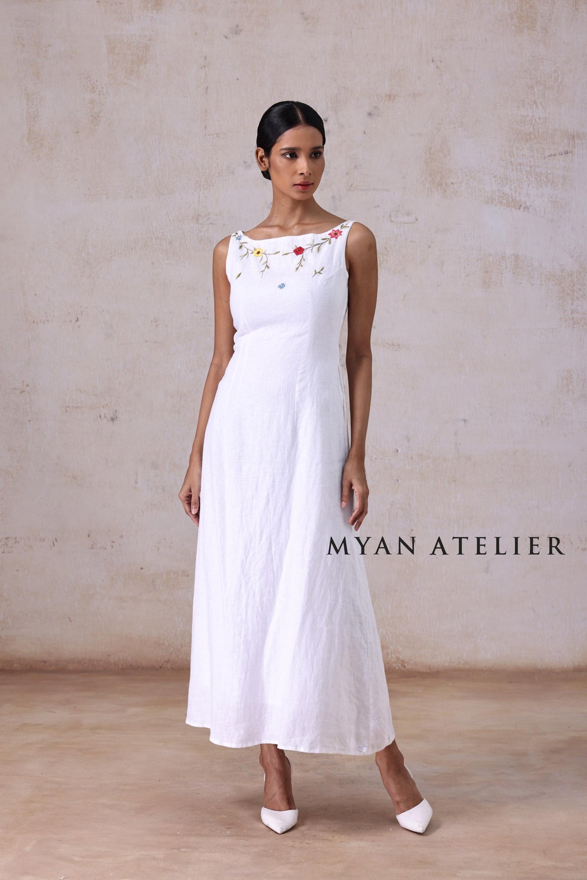 AMORA | Linen Wedding Dress | Boat Neck, Sleeveless & Botanical Accents | MADE TO MEASURE