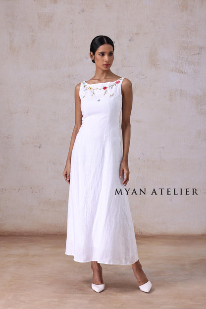 AMORA | Linen Wedding Dress | Boat Neck, Sleeveless & Botanical Accents | MADE TO MEASURE