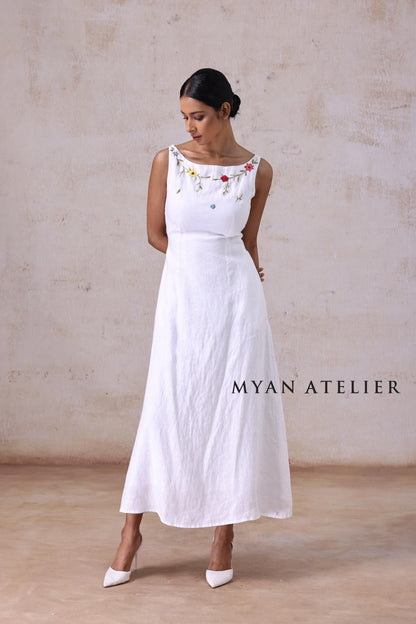 AMORA | Linen Wedding Dress | Boat Neck, Sleeveless & Botanical Accents | MADE TO MEASURE