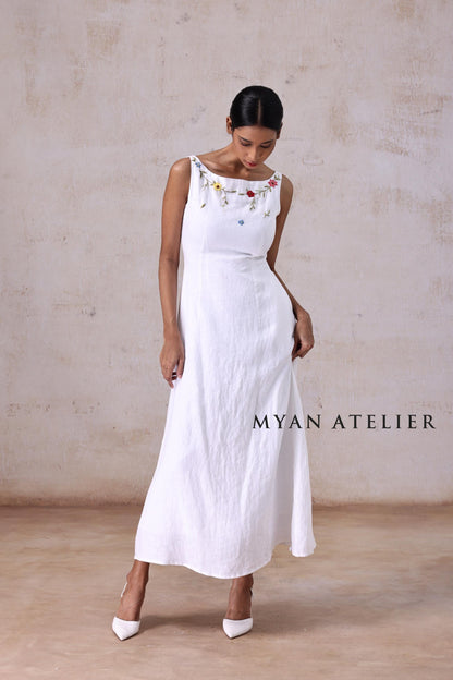 AMORA | Linen Wedding Dress | Boat Neck, Sleeveless & Botanical Accents | MADE TO MEASURE