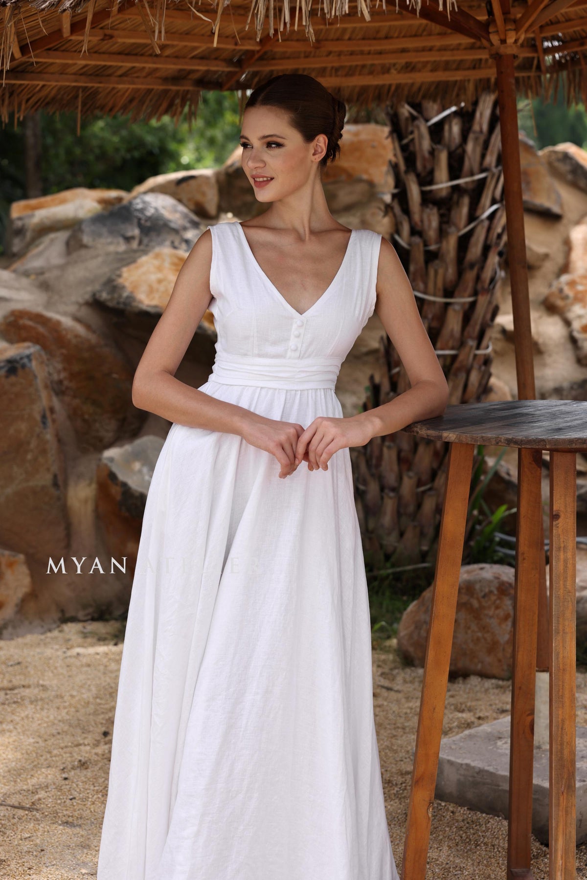AVANIA | Linen Wedding Dress | Pleated Waist & Back Bow | MADE TO MEASURE