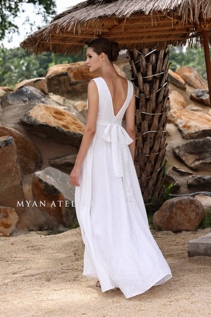AVANIA | Linen Wedding Dress | Pleated Waist & Back Bow | MADE TO MEASURE