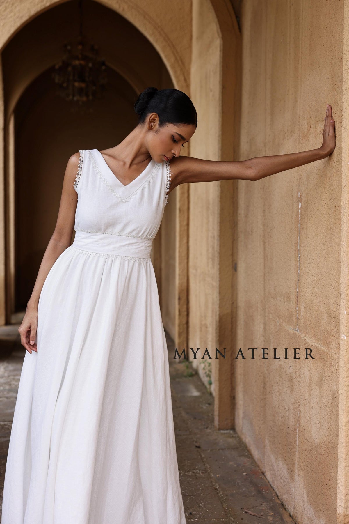 ALTHEA | Linen Wedding Dress | Flutter Sleeves & Back Bow | MADE TO MEASURE