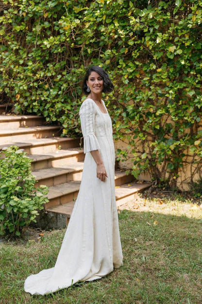 ELARA | Tiered Bell Cuffs Linen Wedding Dress | Made to Measure