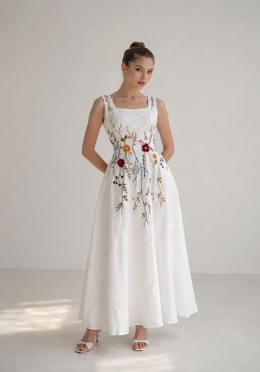 SOLFLEUR wedding dress — White with Multicolored Wildflower Detailing