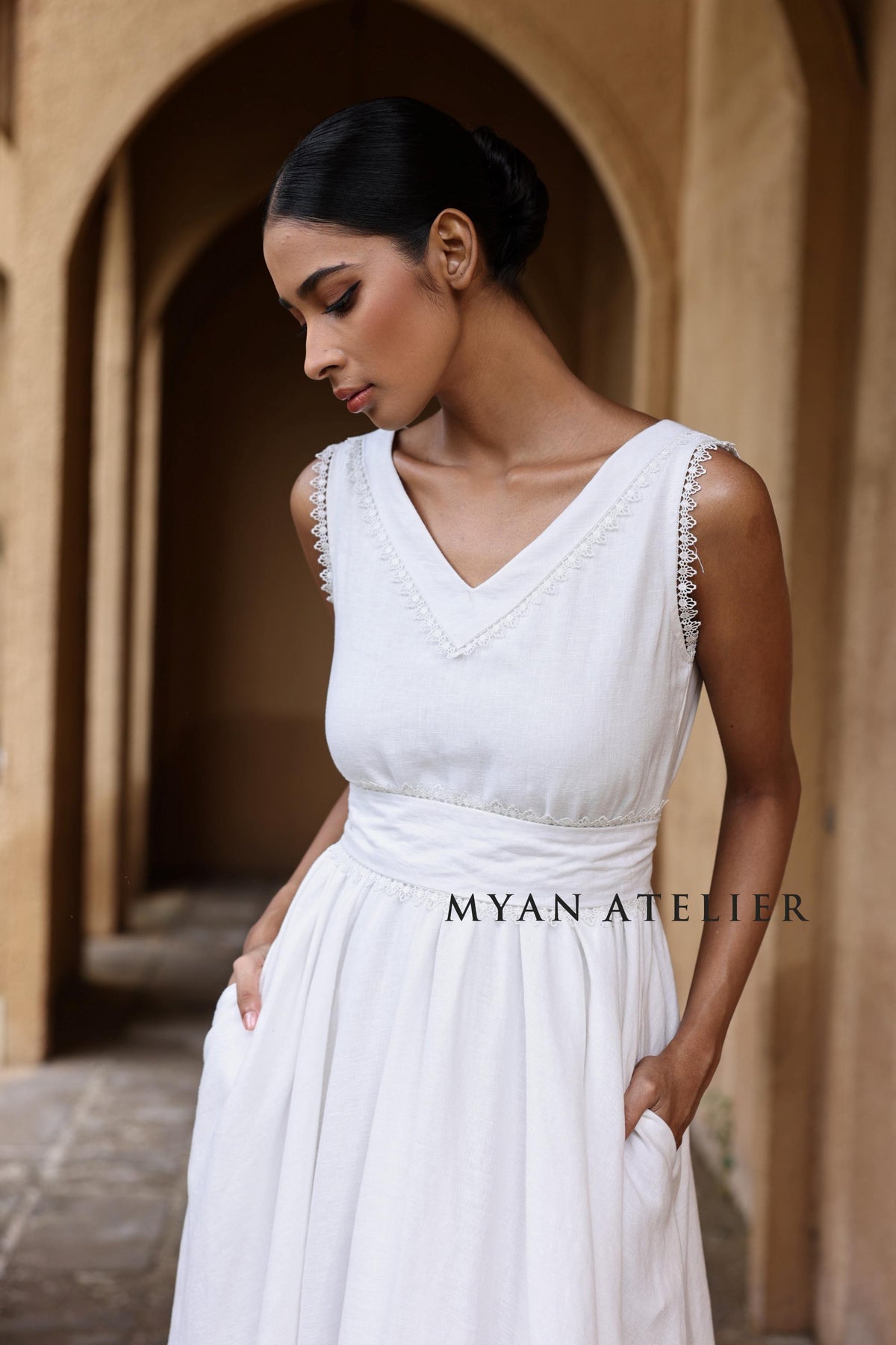 ALTHEA | Linen Wedding Dress | Flutter Sleeves & Back Bow | MADE TO MEASURE