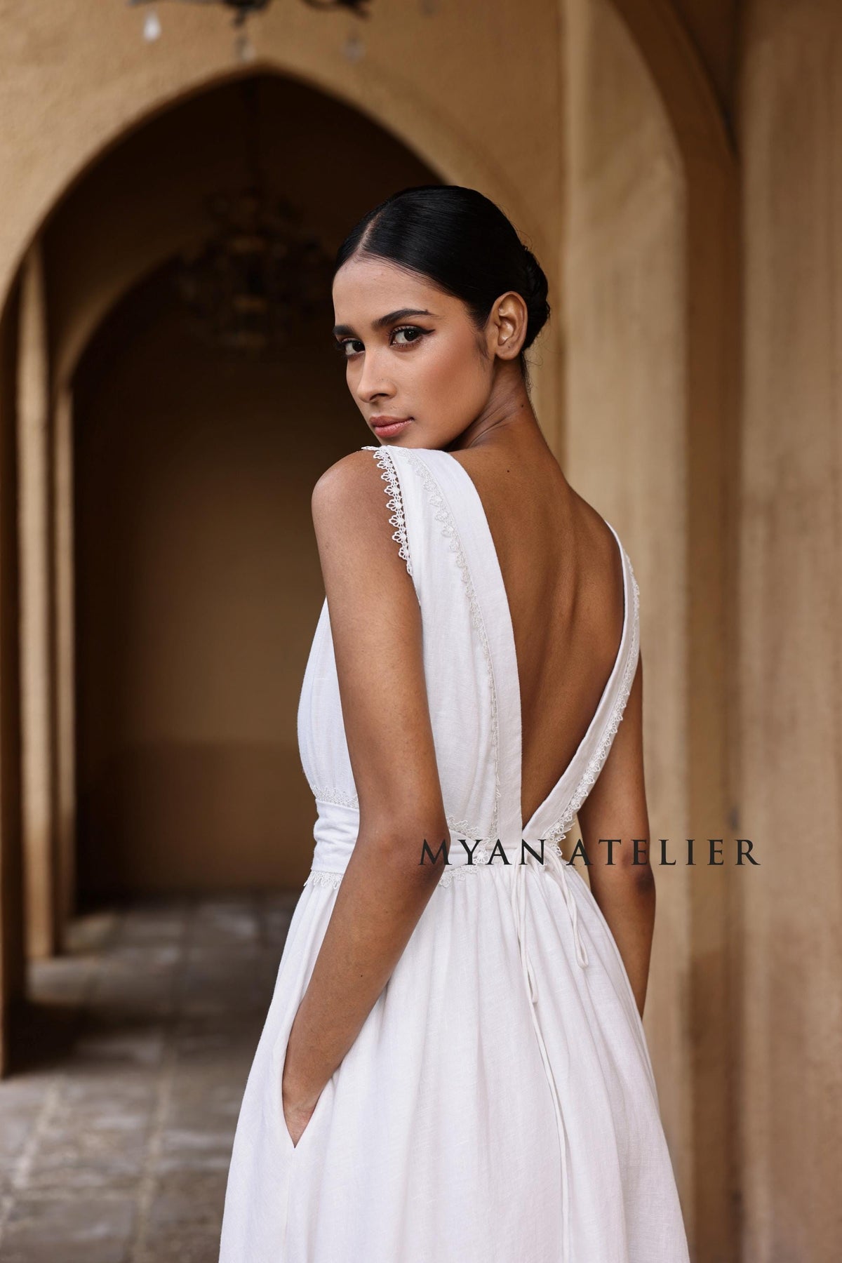 ALTHEA | Linen Wedding Dress | Flutter Sleeves & Back Bow | MADE TO MEASURE