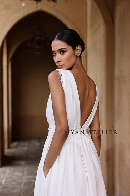 ALTHEA | Linen Wedding Dress | Flutter Sleeves & Back Bow | MADE TO MEASURE
