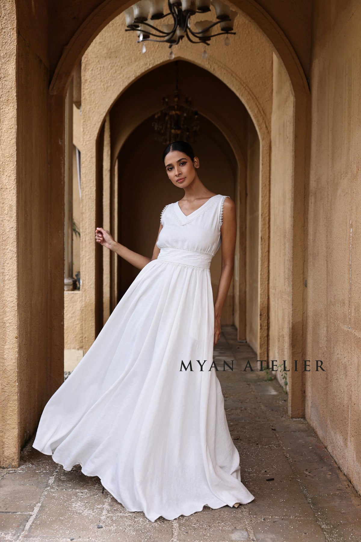 ALTHEA | Linen Wedding Dress | Flutter Sleeves & Back Bow | MADE TO MEASURE