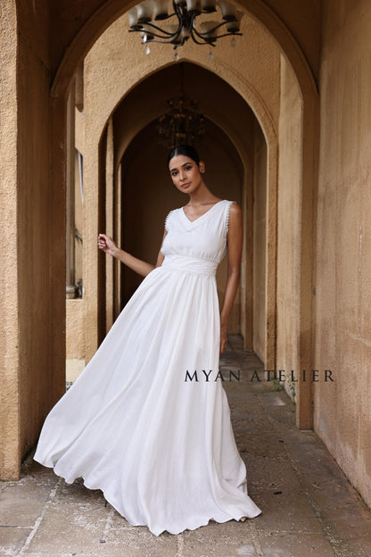 ALTHEA | Linen Wedding Dress | Flutter Sleeves & Back Bow | MADE TO MEASURE