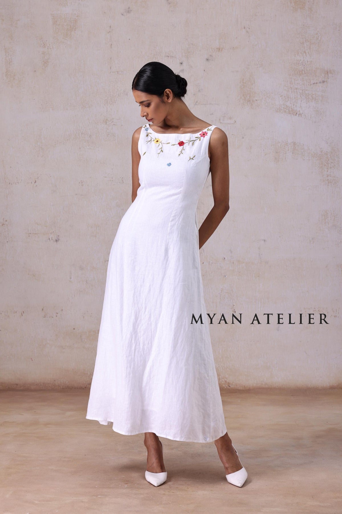 AMORA | Linen Wedding Dress | Boat Neck, Sleeveless & Botanical Accents | MADE TO MEASURE