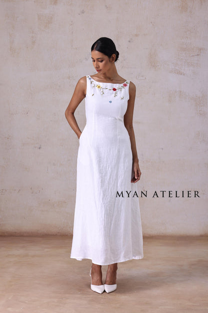 AMORA | Linen Wedding Dress | Boat Neck, Sleeveless & Botanical Accents | MADE TO MEASURE
