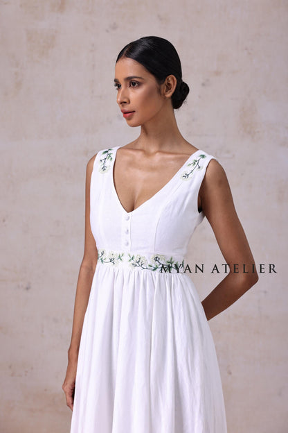 MARCELLE | Linen Wedding Dress | V Neck, Raised Waist & Green Floral Accents | MADE TO MEASURE