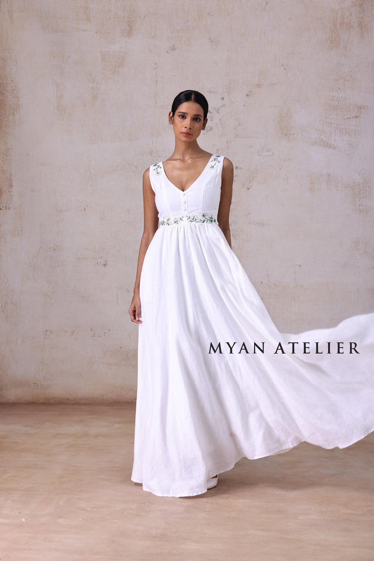 MARCELLE | Linen Wedding Dress | V Neck, Raised Waist & Green Floral Accents | MADE TO MEASURE