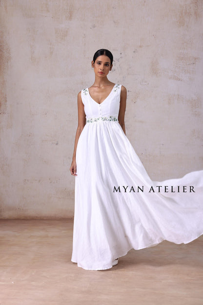 MARCELLE | Linen Wedding Dress | V Neck, Raised Waist & Green Floral Accents | MADE TO MEASURE