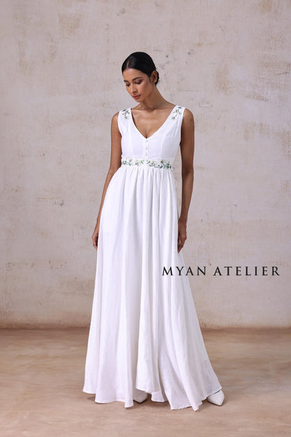MARCELLE | Linen Wedding Dress | V Neck, Raised Waist & Green Floral Accents | MADE TO MEASURE