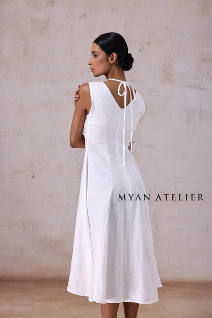 ELYSIA | Linen Wedding Dress | V Neck & Asymmetric Botanical Details | MADE TO MEASURE