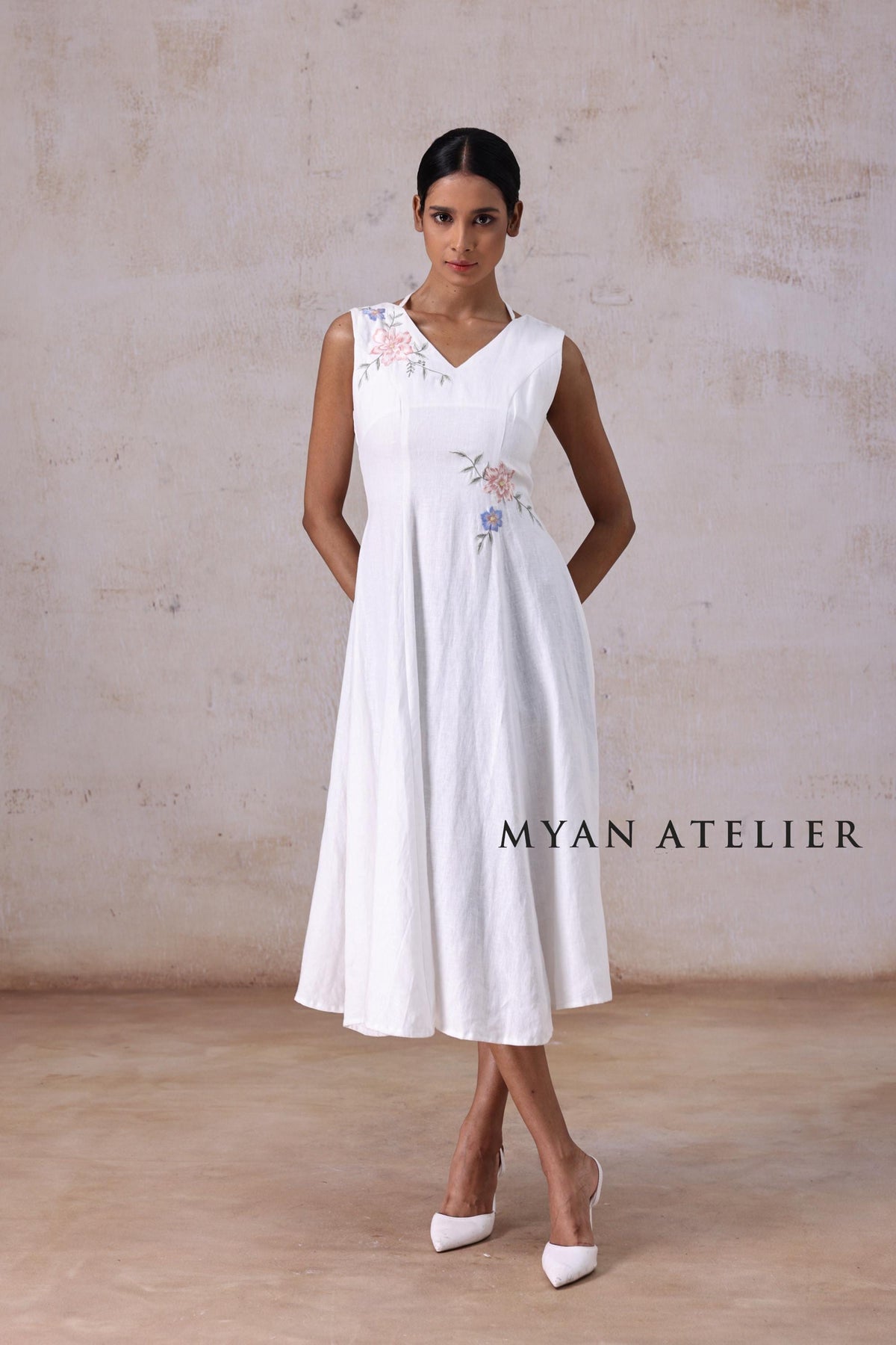ELYSIA | Linen Wedding Dress | V Neck & Asymmetric Botanical Details | MADE TO MEASURE