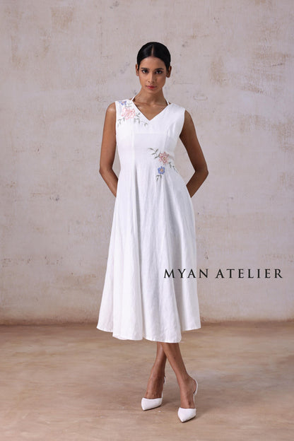 ELYSIA | Linen Wedding Dress | V Neck & Asymmetric Botanical Details | MADE TO MEASURE