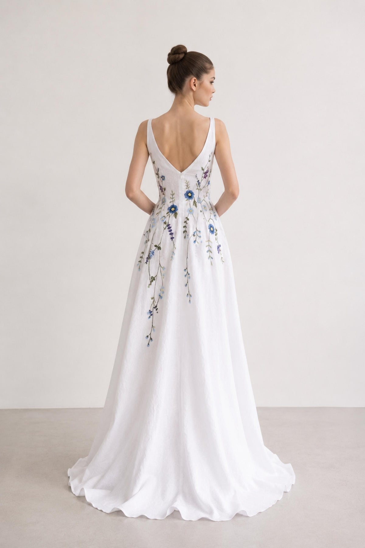 CERULIA | Linen Wedding Dress | Blue Floral Details, V Neck & A-Line Silhouette | MADE TO MEASURE