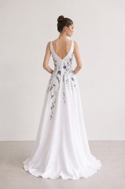CERULIA | Linen Wedding Dress | Blue Floral Details, V Neck & A-Line Silhouette | MADE TO MEASURE