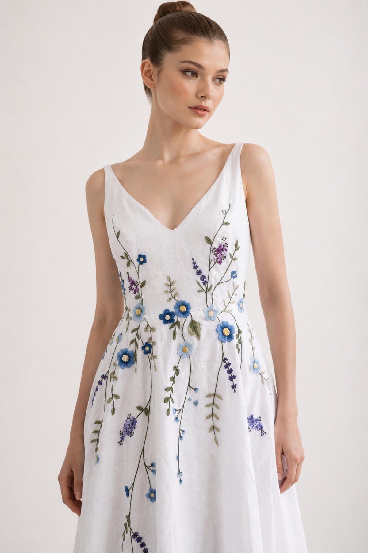 CERULIA | Linen Wedding Dress | Blue Floral Details, V Neck & A-Line Silhouette | MADE TO MEASURE