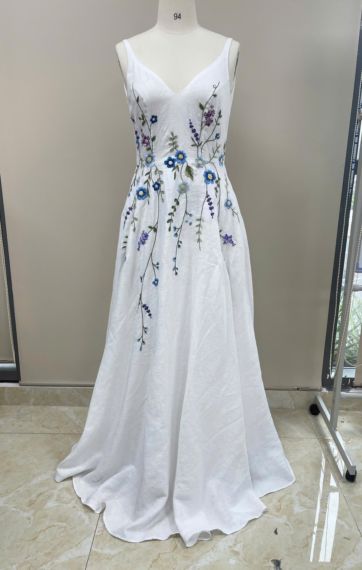 CERULIA | Linen Wedding Dress | Blue Floral Details, V Neck & A-Line Silhouette | MADE TO MEASURE