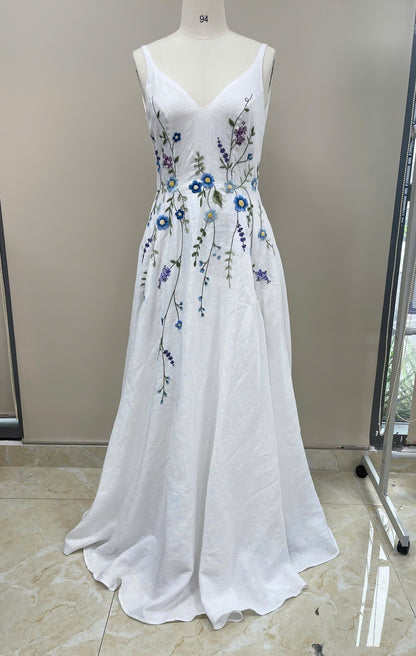 CERULIA | Linen Wedding Dress | Blue Floral Details, V Neck & A-Line Silhouette | MADE TO MEASURE
