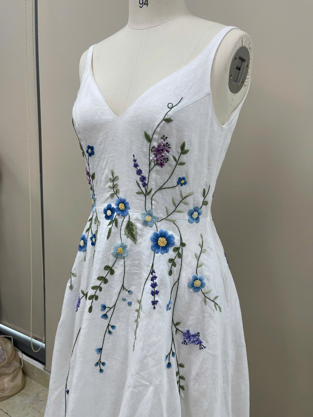 CERULIA | Linen Wedding Dress | Blue Floral Details, V Neck & A-Line Silhouette | MADE TO MEASURE
