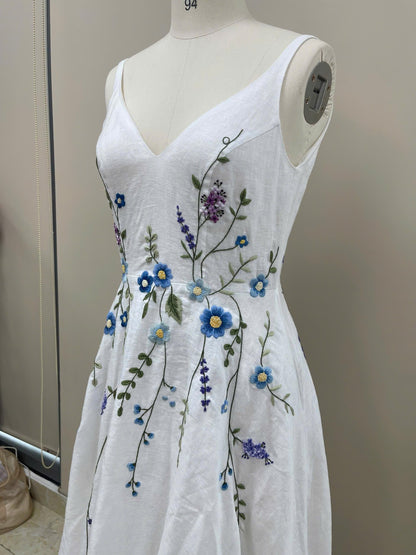 CERULIA | Linen Wedding Dress | Blue Floral Details, V Neck & A-Line Silhouette | MADE TO MEASURE