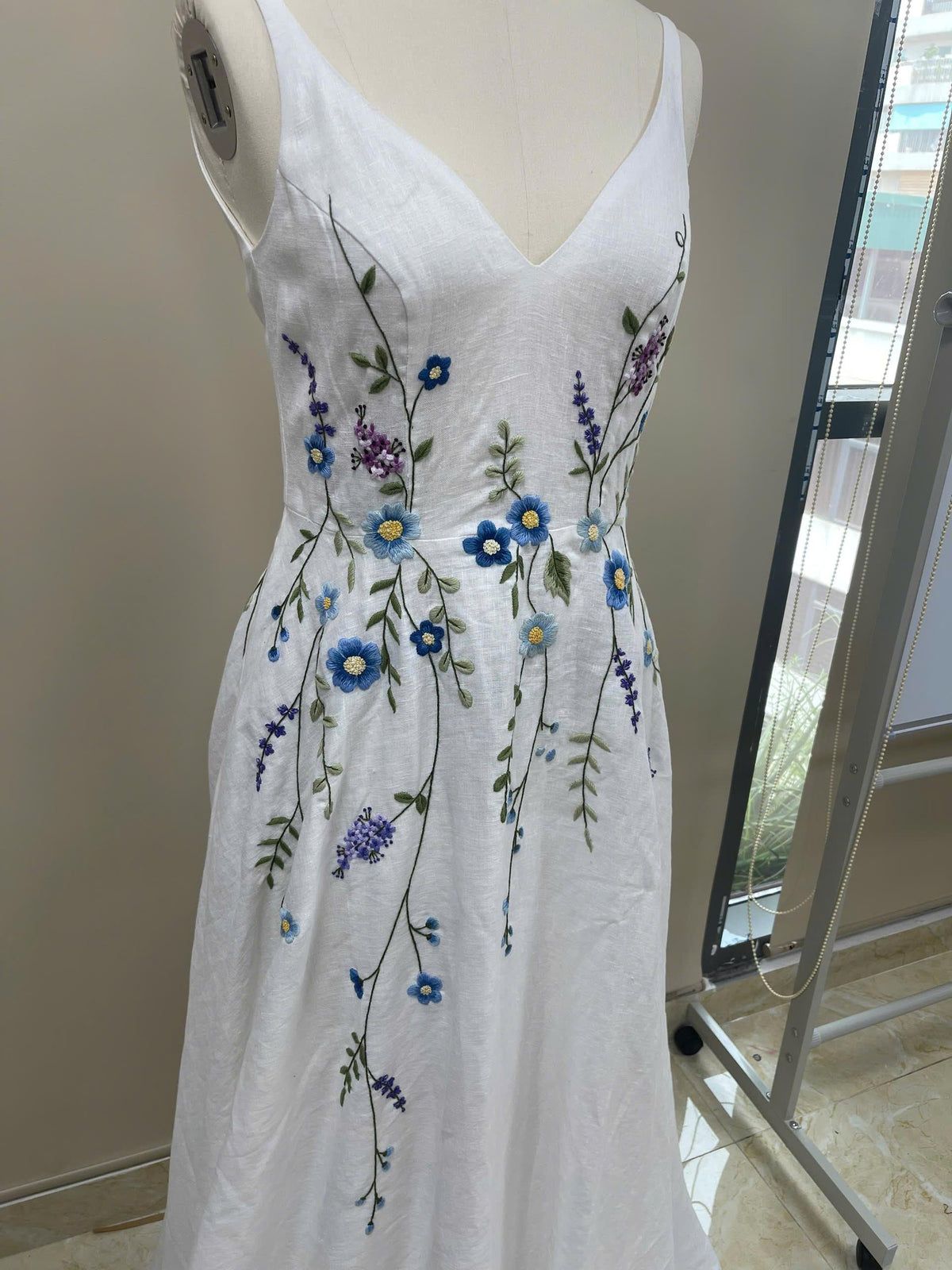 CERULIA | Linen Wedding Dress | Blue Floral Details, V Neck & A-Line Silhouette | MADE TO MEASURE