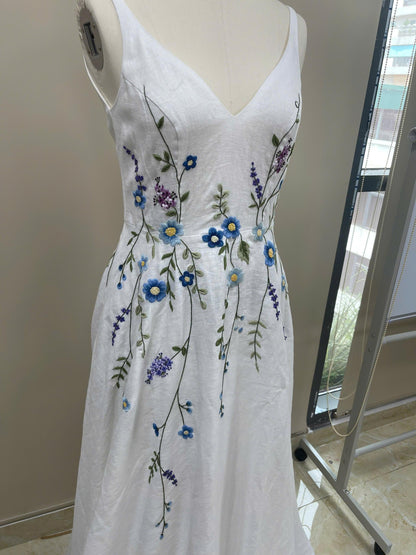 CERULIA | Linen Wedding Dress | Blue Floral Details, V Neck & A-Line Silhouette | MADE TO MEASURE