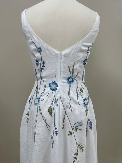 CERULIA | Linen Wedding Dress | Blue Floral Details, V Neck & A-Line Silhouette | MADE TO MEASURE