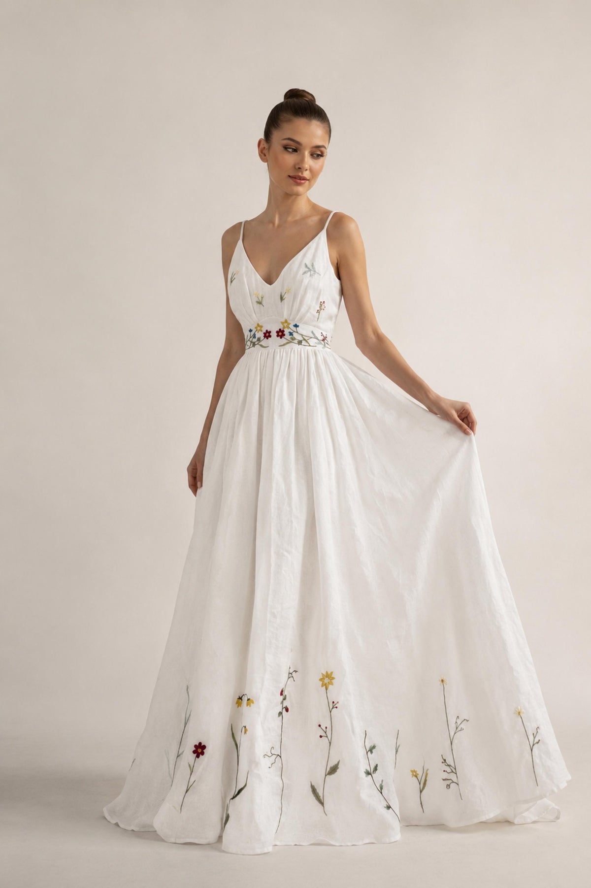 VIRELLE | Linen Wedding Dress | Colorful Floral Details, V Neck & Cross Back | MADE TO MEASURE