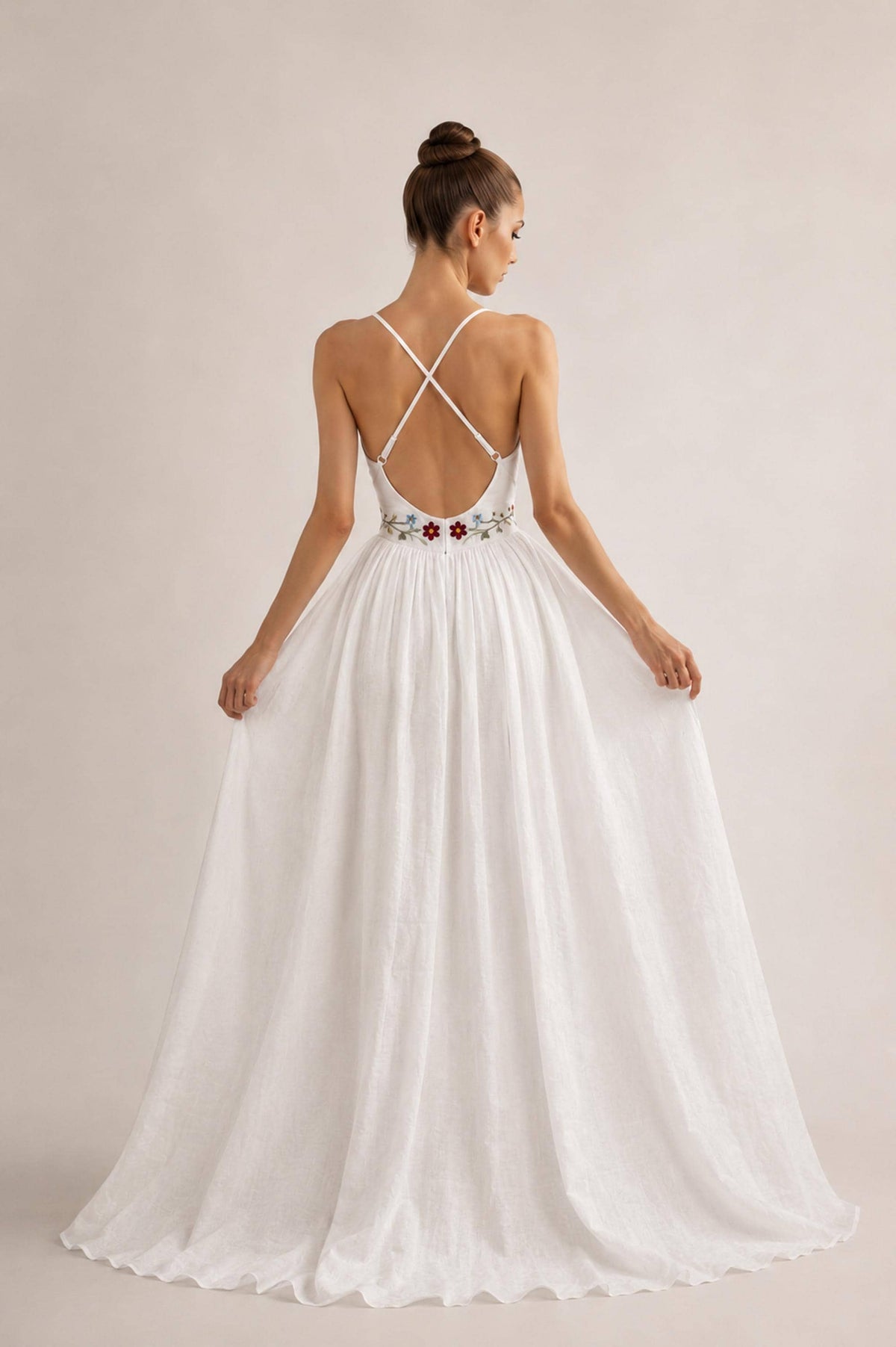 VIRELLE | Linen Wedding Dress | Colorful Floral Details, V Neck & Cross Back | MADE TO MEASURE