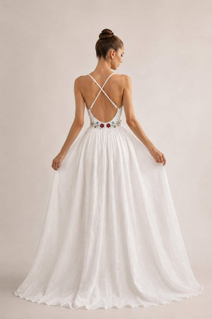 VIRELLE | Linen Wedding Dress | Colorful Floral Details, V Neck & Cross Back | MADE TO MEASURE