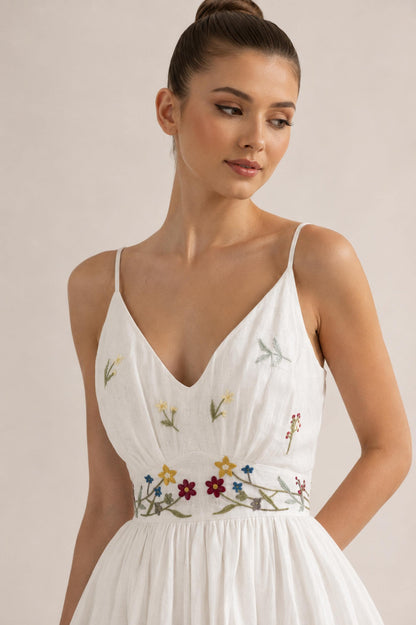 VIRELLE | Linen Wedding Dress | Colorful Floral Details, V Neck & Cross Back | MADE TO MEASURE