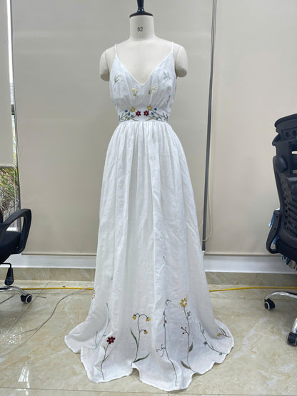 VIRELLE | Linen Wedding Dress | Colorful Floral Details, V Neck & Cross Back | MADE TO MEASURE