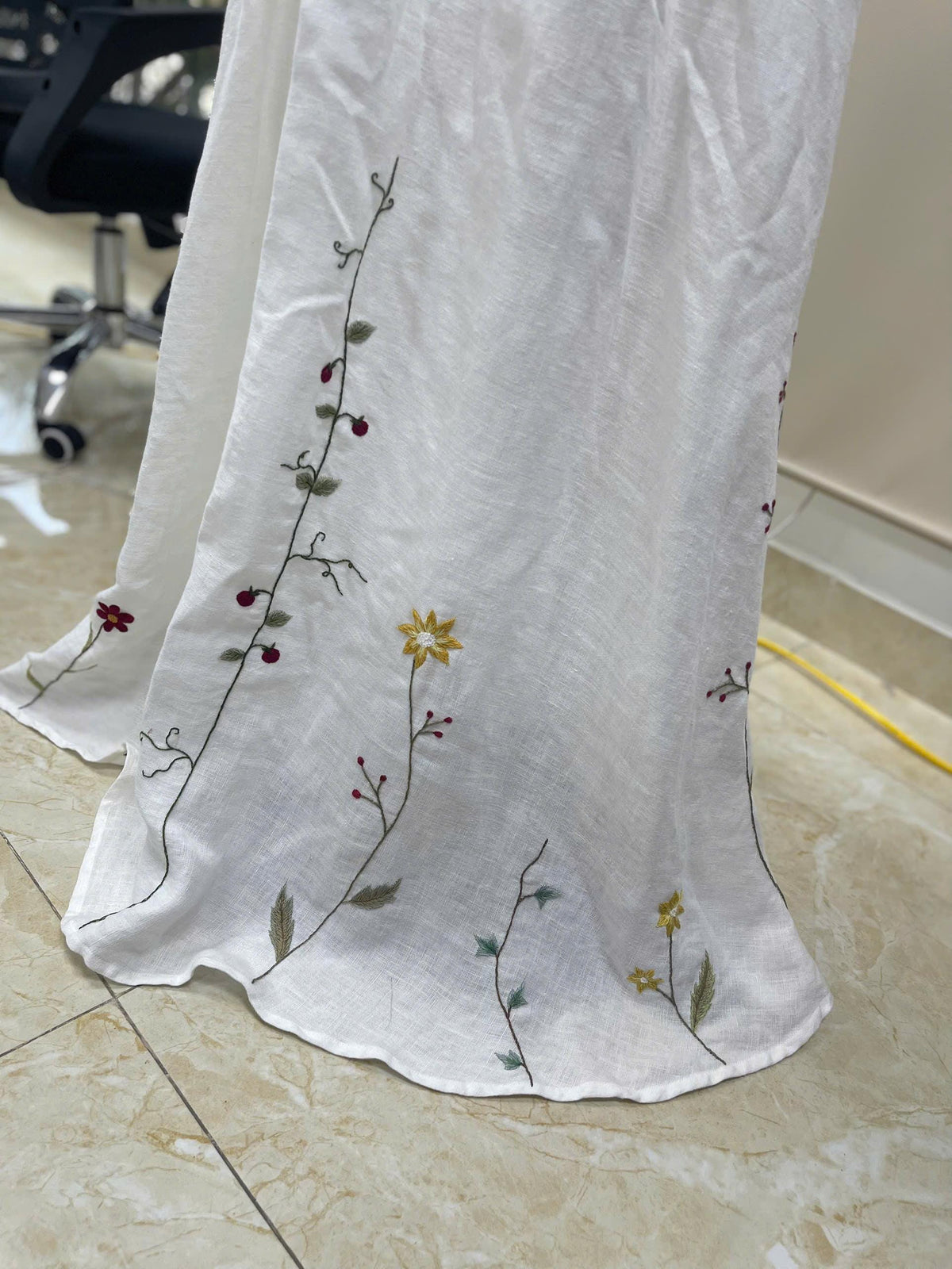 VIRELLE | Linen Wedding Dress | Colorful Floral Details, V Neck & Cross Back | MADE TO MEASURE