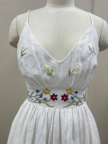 VIRELLE | Linen Wedding Dress | Colorful Floral Details, V Neck & Cross Back | MADE TO MEASURE