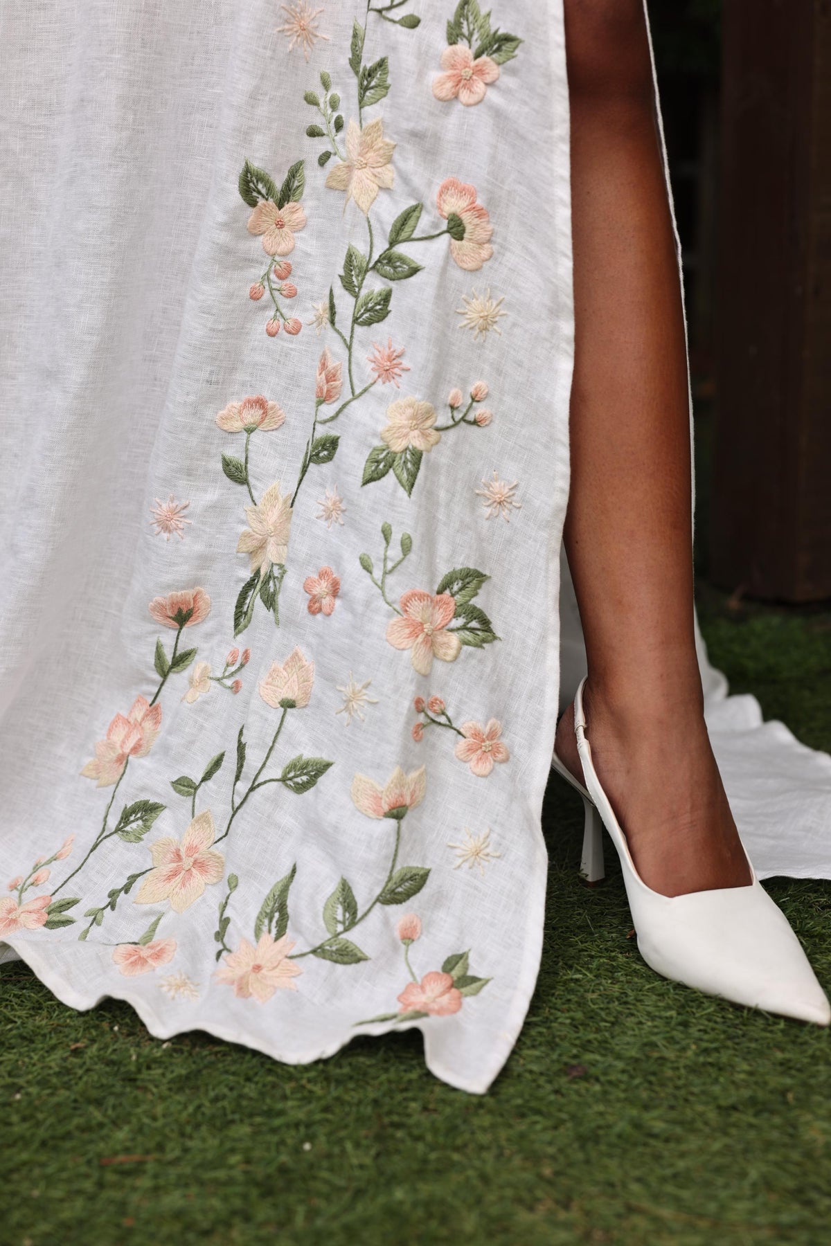 OLIVIA | Linen Wedding Dress | Boat Neck, Three-Quarter Sleeves & Slit | MADE TO MEASURE