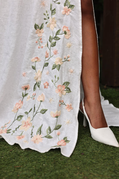 OLIVIA | Linen Wedding Dress | Boat Neck, Three-Quarter Sleeves & Slit | MADE TO MEASURE