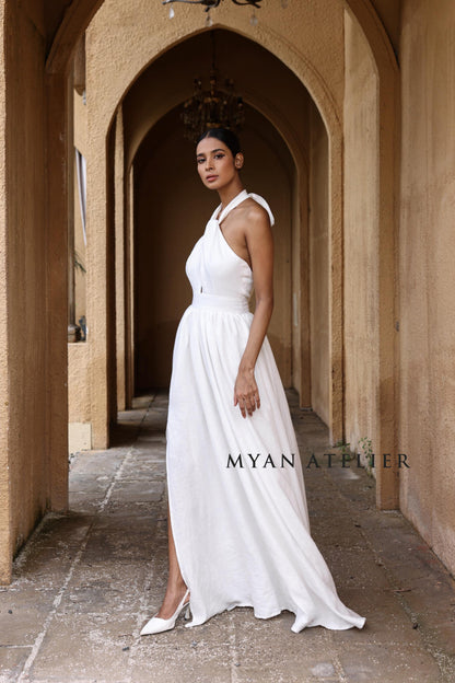 SOLENA | Linen Wedding Dress | Open Back, Neck Bow & Front Slit | MADE TO MEASURE