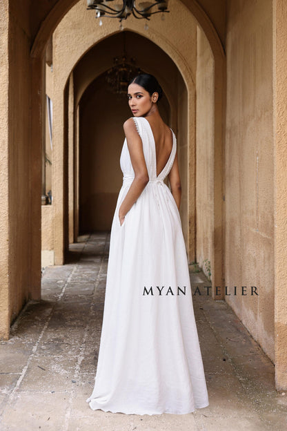ALTHEA | Linen Wedding Dress | Flutter Sleeves & Back Bow | MADE TO MEASURE