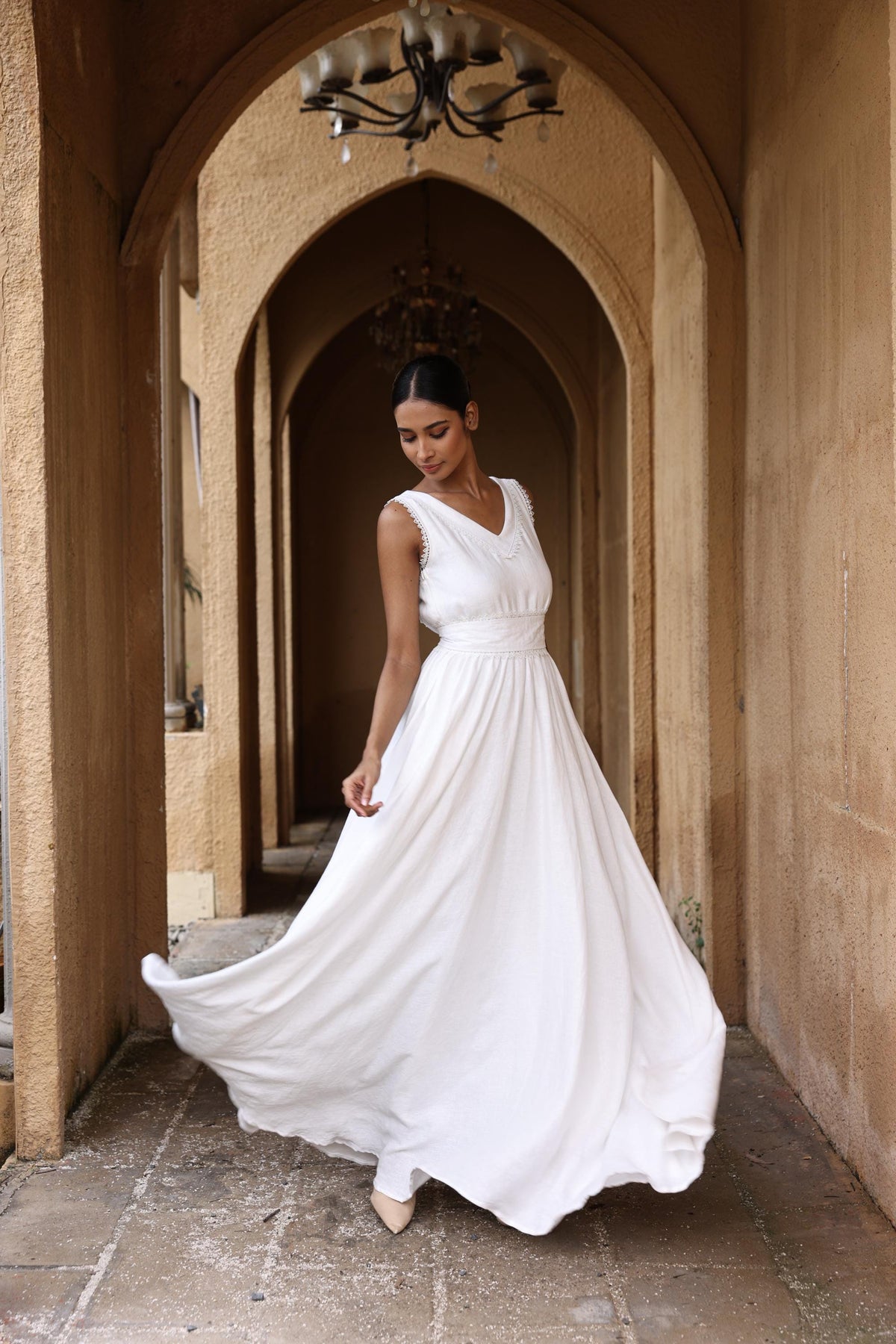 ALTHEA | Linen Wedding Dress | Flutter Sleeves & Back Bow | MADE TO MEASURE