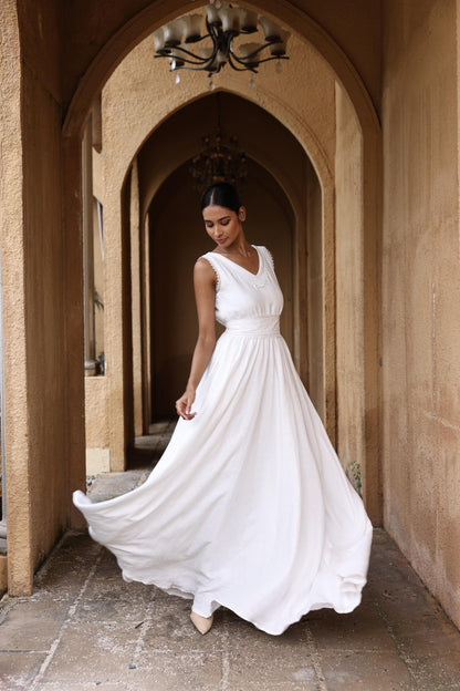 ALTHEA | Linen Wedding Dress | Flutter Sleeves & Back Bow | MADE TO MEASURE