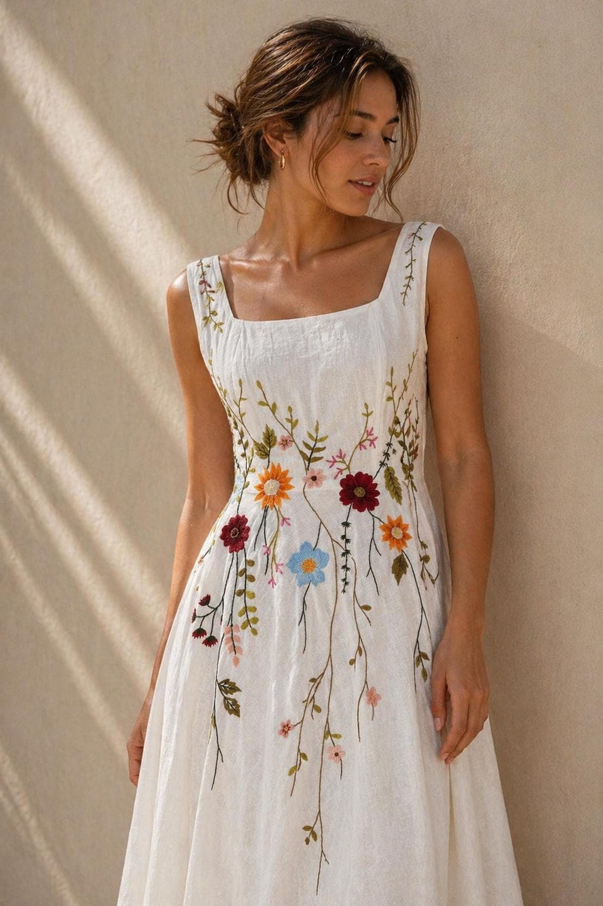ANELLE | Linen Wedding Dress | Wide Straps & Meadow Floral Bodice | MADE TO MEASURE