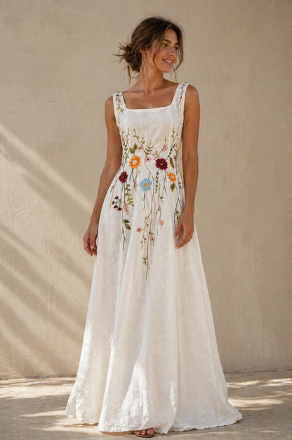 ANELLE | Linen Wedding Dress | Wide Straps & Meadow Floral Bodice | MADE TO MEASURE