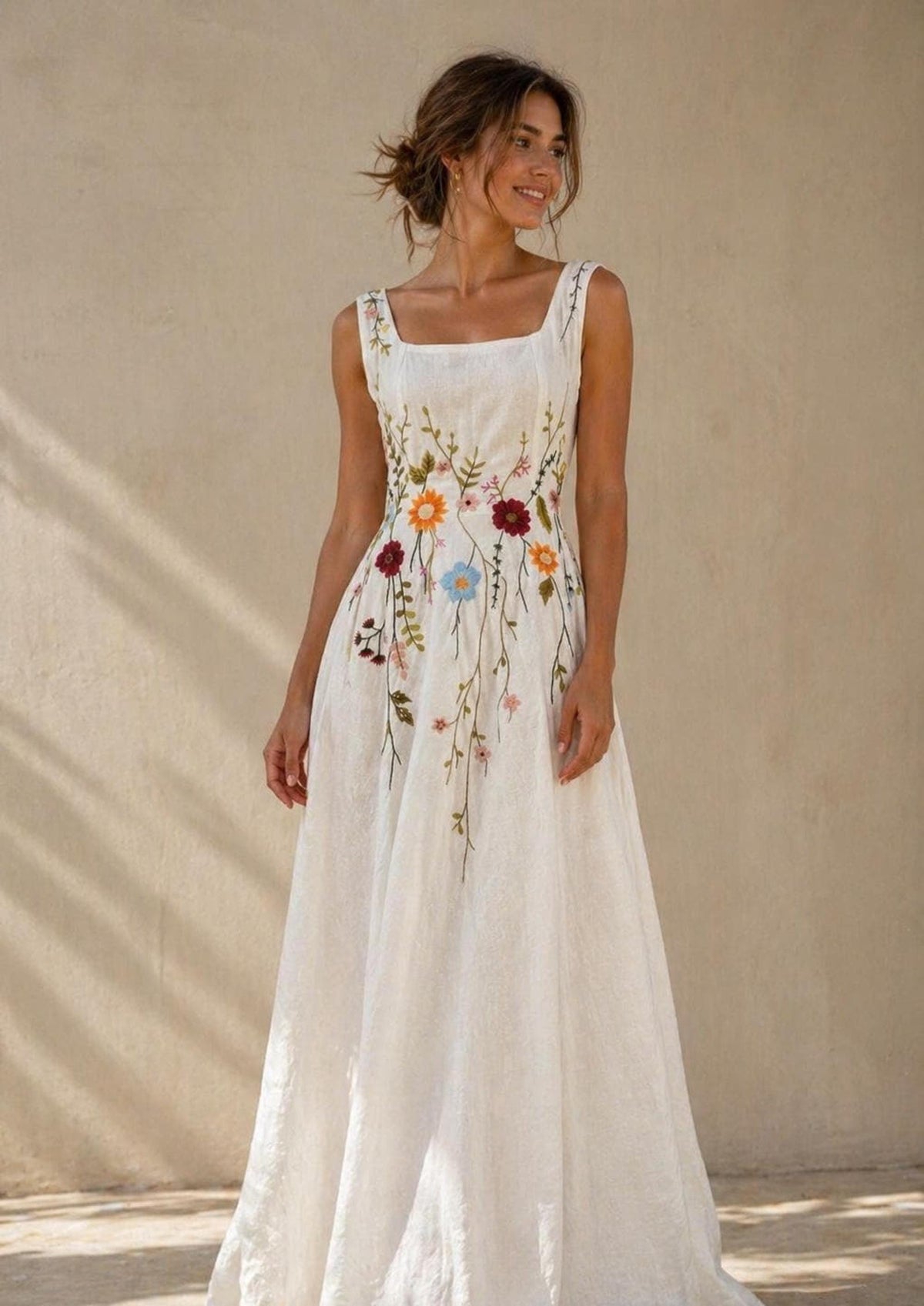 ANELLE | Linen Wedding Dress | Wide Straps & Meadow Floral Bodice | MADE TO MEASURE