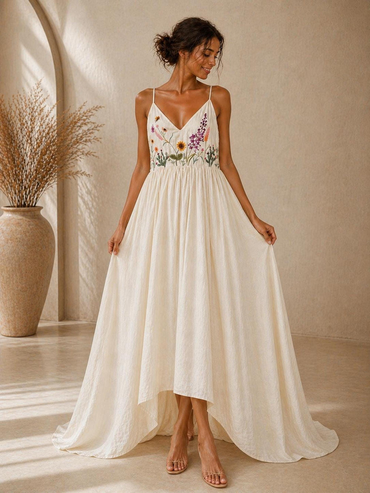 SYLVANA | Linen Wedding Dress | Fine Straps, Meadow Florals & Gathered Hem | MADE TO MEASURE